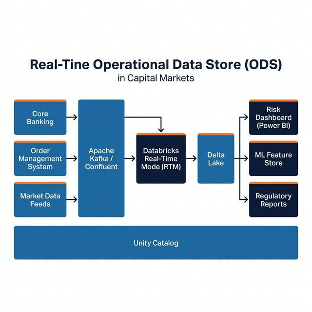 Architecture diagram showing data flowing from Core Banking, Order Management, and Market Data through Kafka/Confluent into Databricks Real-Time Mode, then to Delta Lake, and finally to Risk Dashboards, ML Feature Store, and Regulatory Reports, all governed by Unity Catalog